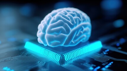 Futuristic digital brain hologram glowing over circuit board with bright blue accents.