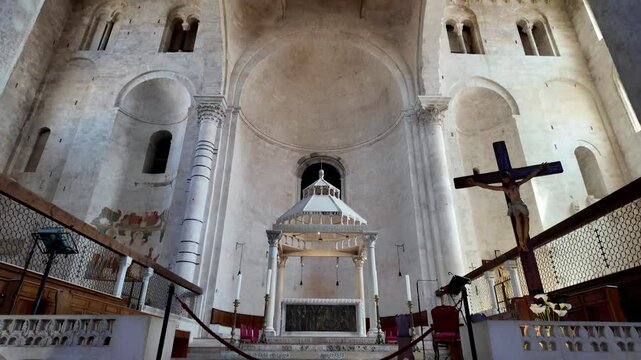 Interior of the Romanesque Cathedral of St. Sabinus in Bari, Puglia.