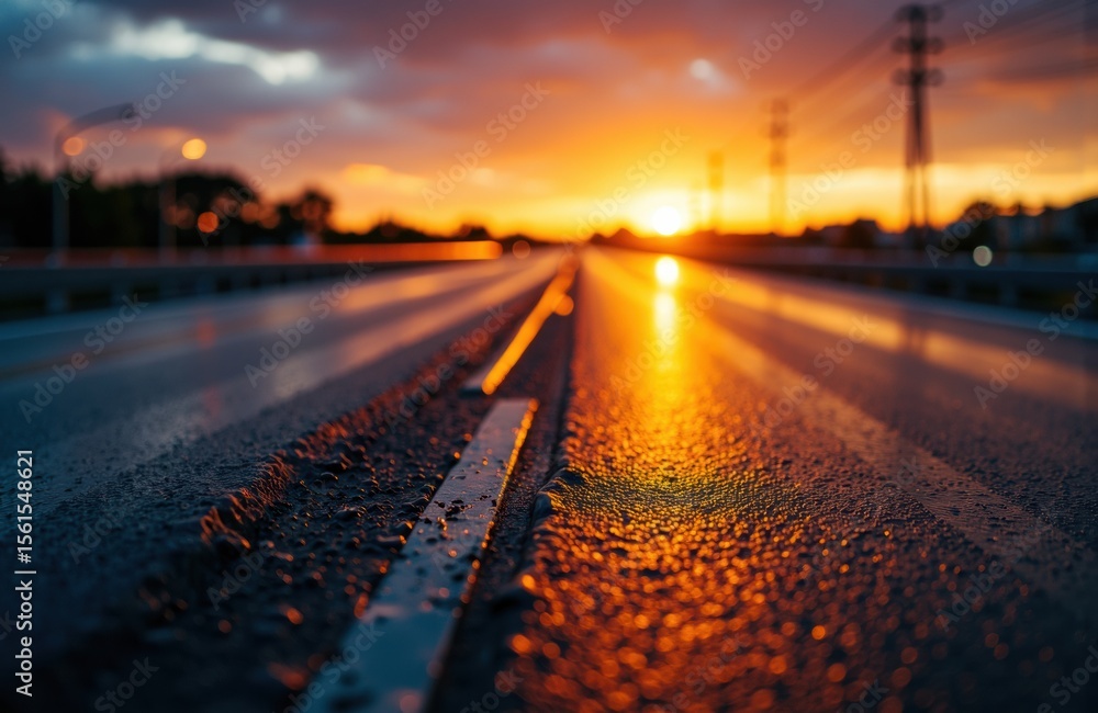 Poster sunset over an empty highway with reflective wet road surface and distant power lines