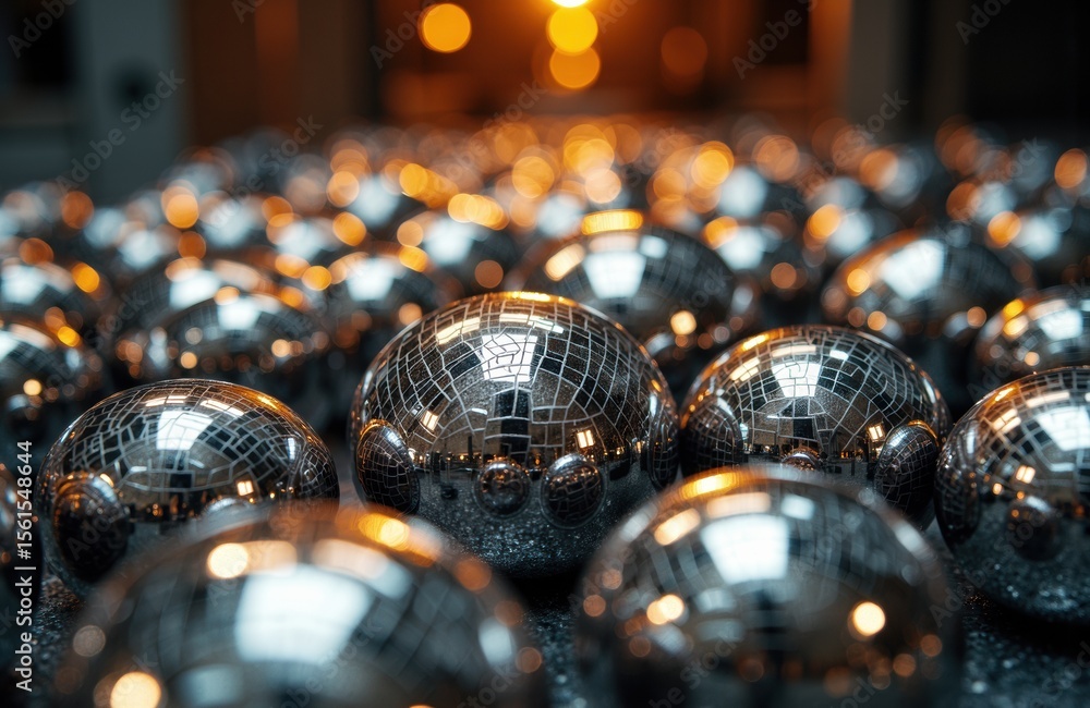 Poster metallic spheres reflecting light arranged in a pattern with a warm bokeh background
