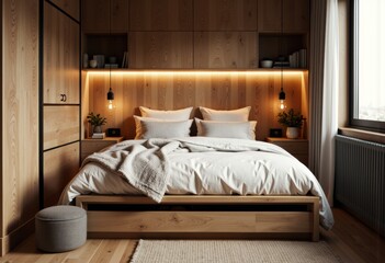 Modern bedroom with warm wooden accents, cozy bedding, and ambient lighting
