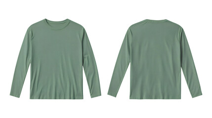 Plain green long sleeve t-shirt mockup front and back view on transparent background
