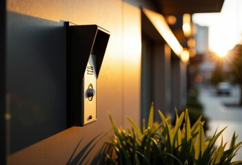 Modern mailbox mounted on a wall during sunset with plants in the foreground