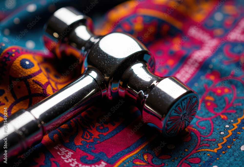 Poster close-up of a shiny metallic dumbbell resting on a colorful patterned fabric