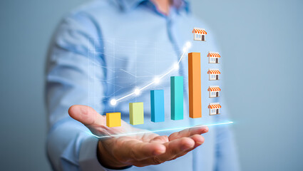 Businessman presenting a holographic financial growth chart with increasing bar graphs and store icons representing business expansion isolated on transparent background