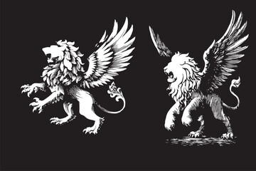 Obraz premium silhouette lion a black and white lion with a tail and claws