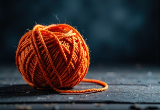 Bright orange yarn ball with loose end resting on a dark wooden surface