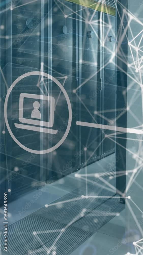 Poster animation of digital icons and networks of connections over computer servers
