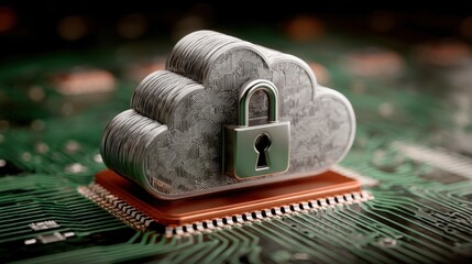 Cloud computing security concept with padlock on digital circuitry background.