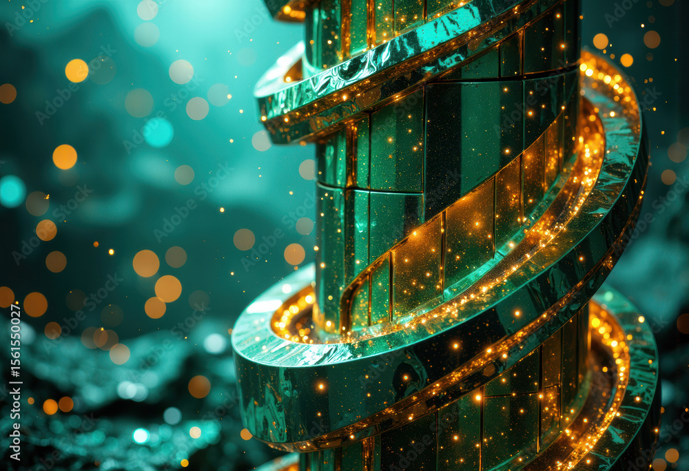 Poster abstract close-up of a metallic spiral structure with glowing golden lights and bokeh background