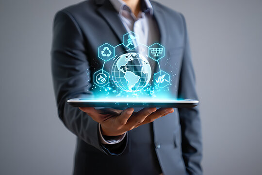 Businessman holding a tablet displaying a glowing digital interface with a globe and icons representing sustainability and technology isolated on transparent background