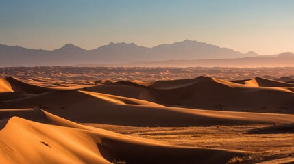 Fototapeta premium Vast desert landscape with rolling sand dunes under clear sky and distant mountains.