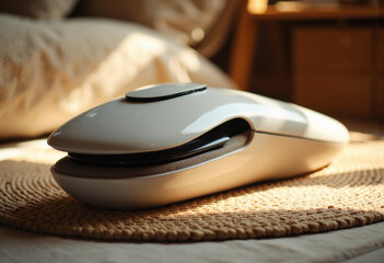 Modern handheld massager placed on a textured surface in a cozy indoor setting