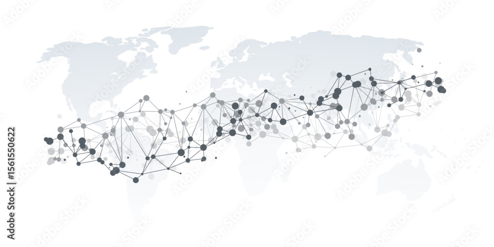 Poster a stylized world map with a grid of polygonal network grid, nodes connected by lines, symbolizing gl