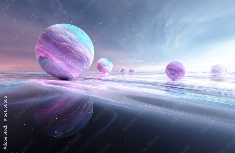 Poster soft clouds provide a base for spheres that float gently, creating a dreamy pastel scene with an eth