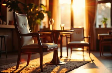 Obraz premium Cozy living room with warm sunlight streaming through windows onto elegant furniture
