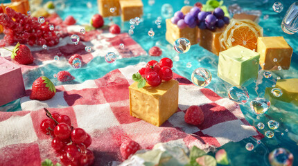 Surreal summer scene with floating fruits, jellies, and sweets over a picnic cloth. Bright colors and dreamy atmosphere