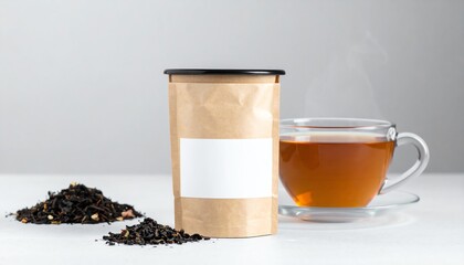 Craft Tea Packaging Mockup with Hot Tea