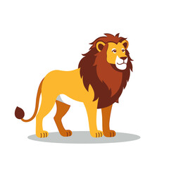 Fototapeta premium A majestic lion with a full, dark mane stands proudly on a white background, showcasing a cartoonish yet regal style, perfect for children's illustrations or logo designs.