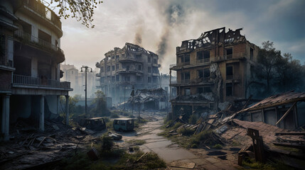 War torn city ruins. Destroyed urban buildings with smoke and debris. Abandoned vehicles in post apocalyptic background