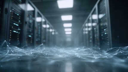 Modern data center with server racks and digital network connections in futuristic environment.