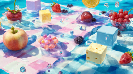 Surreal summer scene with floating fruits, jellies, and sweets over a picnic cloth. Bright colors and dreamy atmosphere.