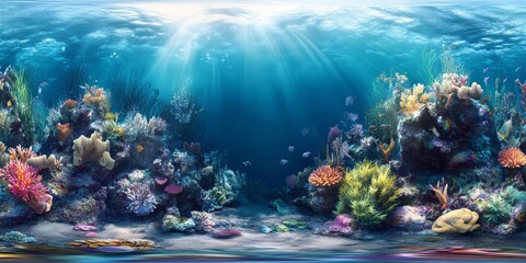 Vibrant underwater scene with coral reef, diverse fish, and sunbeams.