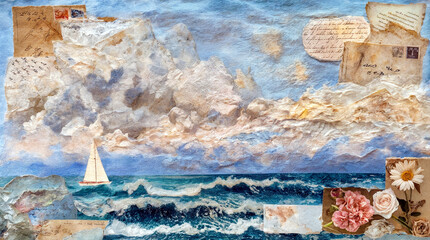 Mixed media collage of a dramatic ocean scene with crashing waves, golden sunbeams, and a sailboat under moody clouds