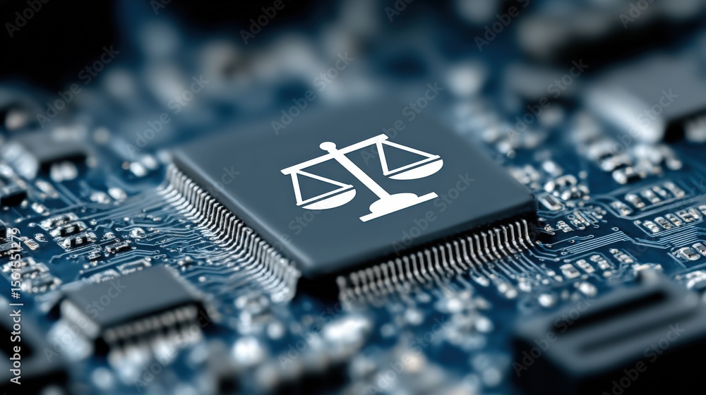 Poster close-up of a digital circuit board with a high-tech scale icon on a microchip for weight measuremen