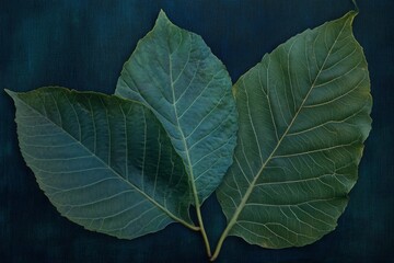 Three large, dark green leaves arranged on a teal background.