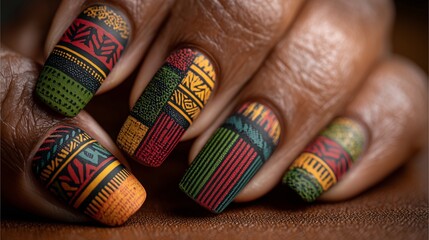 Kwanzaa nails with red, green, and black kinara designs on a blurred warm earthy background