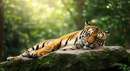 Fototapeta premium resting tigeron a big rock in forest international tiger day