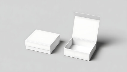 Two clean white gift boxes one closed and one open revealing the interior isolated on transparent background