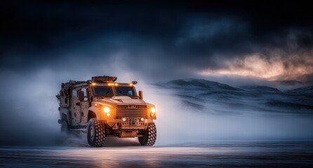 Military vehicle navigating snowy landscape at twilight