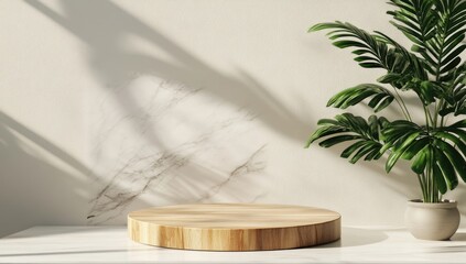 Empty wooden podium with plant, sunlight and marble
