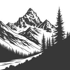 Serene black and white mountain landscape depicting majestic peaks and forest silhouette