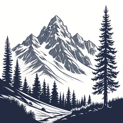Fototapeta premium Serene mountain landscape illustration featuring snow capped peaks and evergreen forest silhouette
