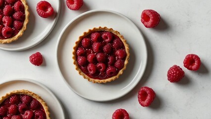 Raspberry Tart Flatlay on White Background
