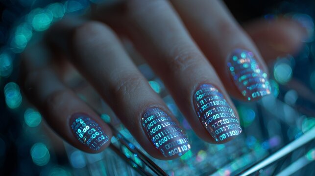 Cyber Monday nails with digital binary code and shopping cart designs on a blurred neon tech background