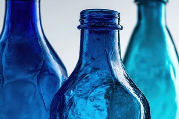 Close-up of three vibrant blue glass bottles