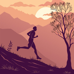 Silhouette of a man running on a hill at sunset with mountains and a tree