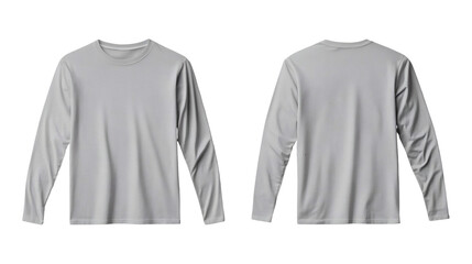 Plain light gray long sleeve t-shirt mockup front and back view on transparent background