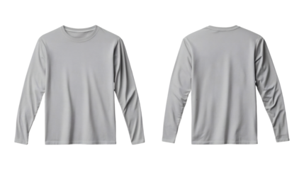 Plain light gray long sleeve t-shirt mockup front and back view on transparent background