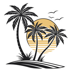 Tropical beach scene with palm trees and sunset illustration vector for vacation and travel designs