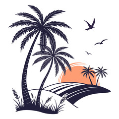 Fototapeta premium Tropical beach landscape silhouette with palm trees sunset and flying birds in summer