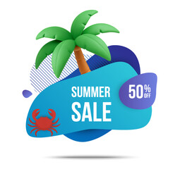 3d summer sale label or bag with coconut or palm tree and crab icon, isolated on white background. Summer sale banner tag in 3d vector. Vector illustration
