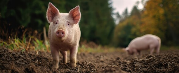 The adorable piglet exploring a peaceful rural landscape at dusk.