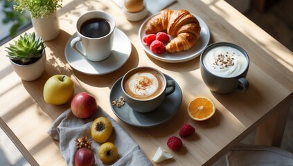 healthy breakfast with coffee croissant fruit