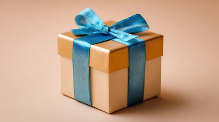 Obraz premium Elegant Gold and Blue Gift Box with Bow, A close-up of a beautifully wrapped gift box.