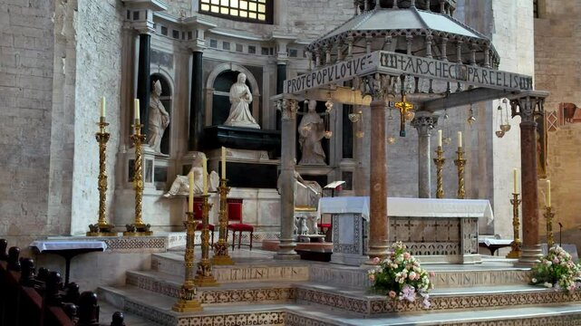 Basilica of San Nicola in Bari, view of the main altar with the sarcophagus of Queen Bona, Bari, Puglia, Italy